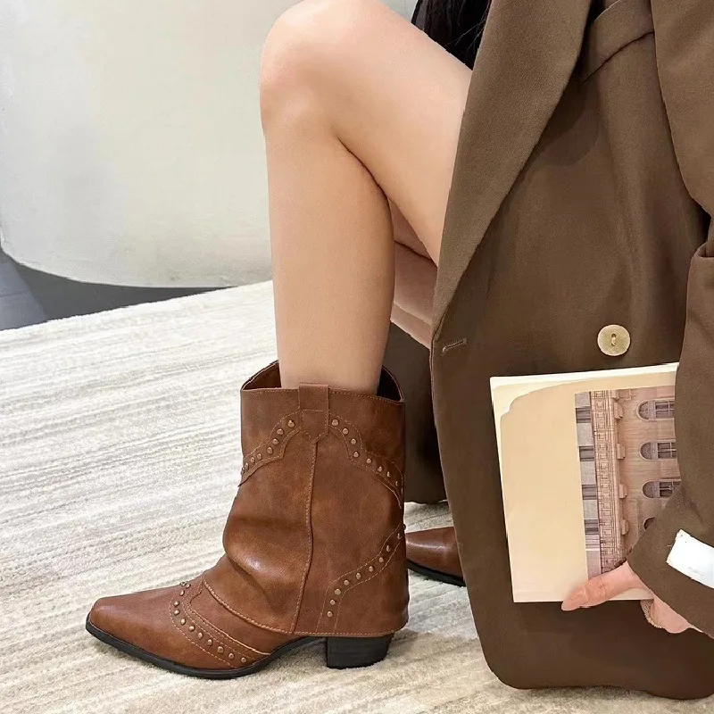 Woman Boots Shoes for Women 2023 Western Cowboy Thick Heels Retro New Rock Gothic Mid Calf Low Pointed Toe Autumn Winter Rivet