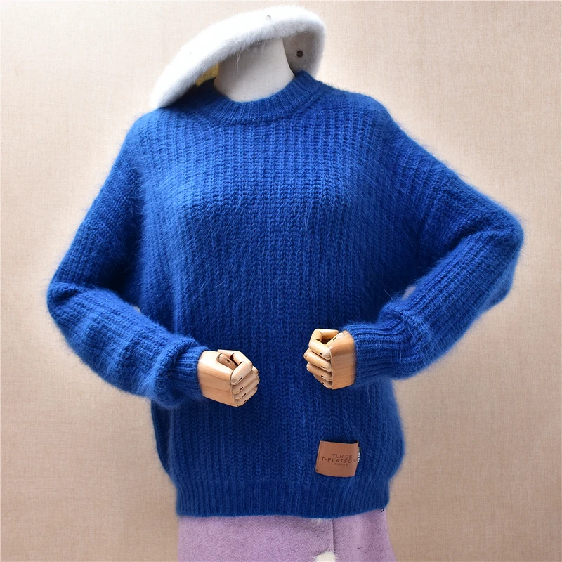 

Женский осенне-зимний модный полосатый волосатый мех ангорского кролика, вязаный свободный пуловер с круглым вырезом и длинными рукавами, свитер, джемпер