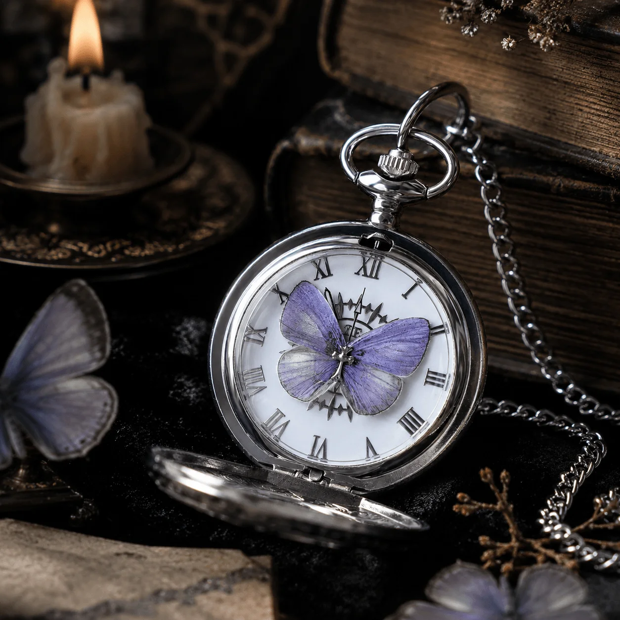 Vintage Butterfly Pocket Watch Necklace, Real Blue Butterfly Pendant with Chain, Flip Collec­torsRetro Jewelry Gift for Collec­