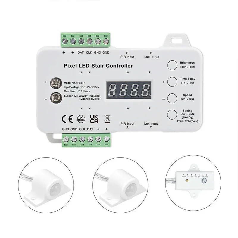 Pixel Stair Lighting Controller Staircase Motion Sensor Monochrome RGB LED Light Strip Controller with Light Sensitivity