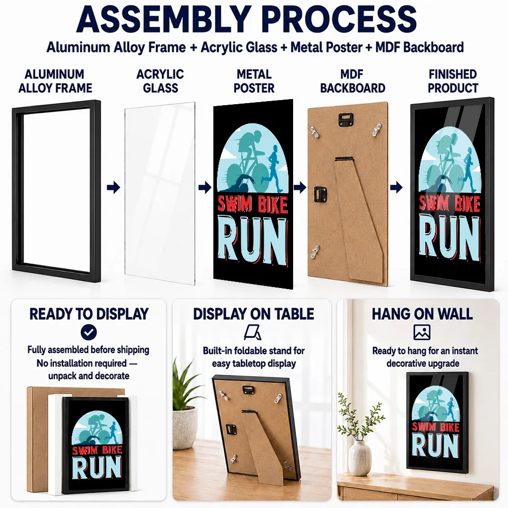 Swim Bike Run Triathlon Metal Poster With Aluminum Alloy Frame Personalized Photo Bold Training Style Wall Art For Living Room
