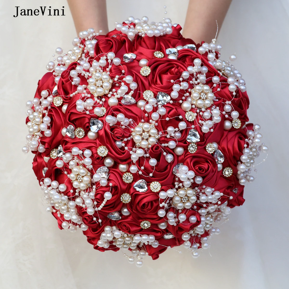 

JaneVini Stunning Burgundy Ribbon Flowers Luxury Diamond Pearls Bride Bouquets Artificial Satin Roses Bridal Bouquet for Wedding