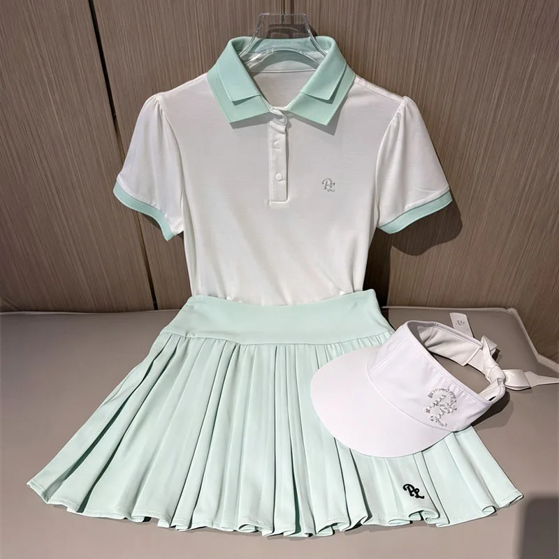 PL New Women Golf Polo Shirt Short Sleeve Double Lapel Top High Waist Pleated Golf Skirt Lady A-lined Tennis Slim Skirts XS-XL