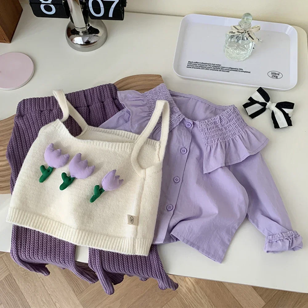 New Polo Collar Applique Shirt+Tank Top+Pants Three Piece Set Children's Clothing Casual Kids Clothes Menoea  Girls' 2026 Autumn