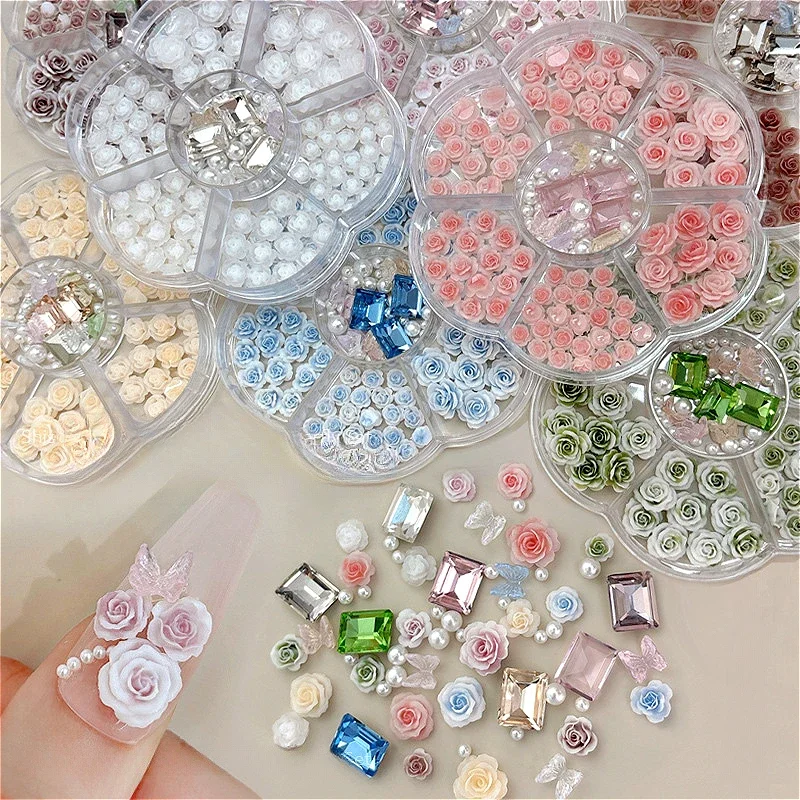 Juego de perlas de cristal y flor de Camelia rosa de resina colorida, taladro de pila tallado suave, decoración artística de uñas elegante, accesorios de herramientas de manicura