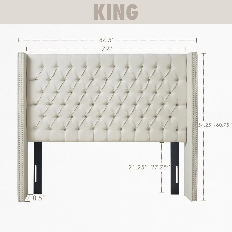 Amelia Upholstered Headboard | Nail Head Trim Wingback Button Tufted |