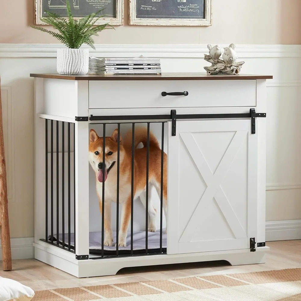 

38" Large Dog Crate Furniture with Sliding Barn Door, Wooden Dog Kennel with Drawer for Storage, Water Resistant Indoor Furnitu