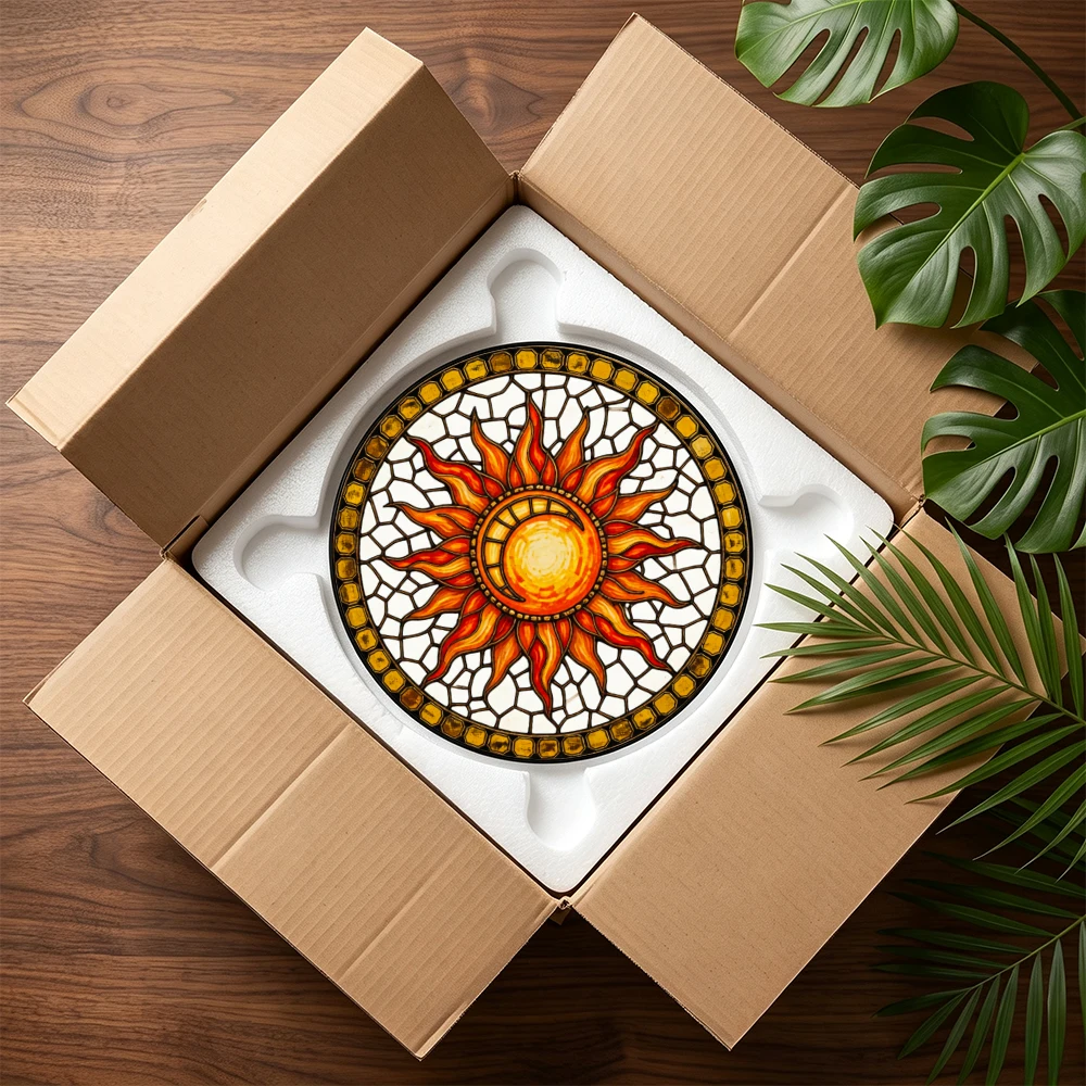 Stained Glass Suncatcher Round Tropical Sunset Beach Palm Tree Hibiscus Flower Window Hanging Decor Home Garden Gift