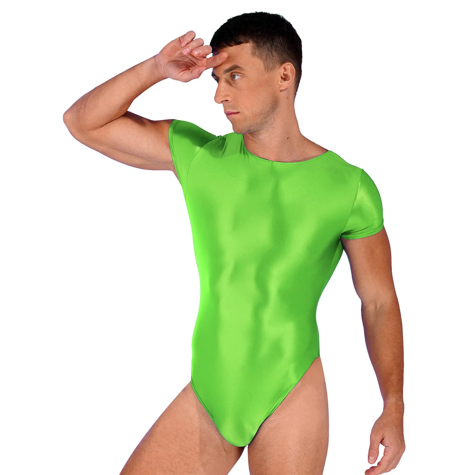 Mens Glossy Round Neck High Cut Bodysuit Swimwear One Pieces Solid Color Short Sleeve Leotard Gymnastics Bodybuilding Fitness