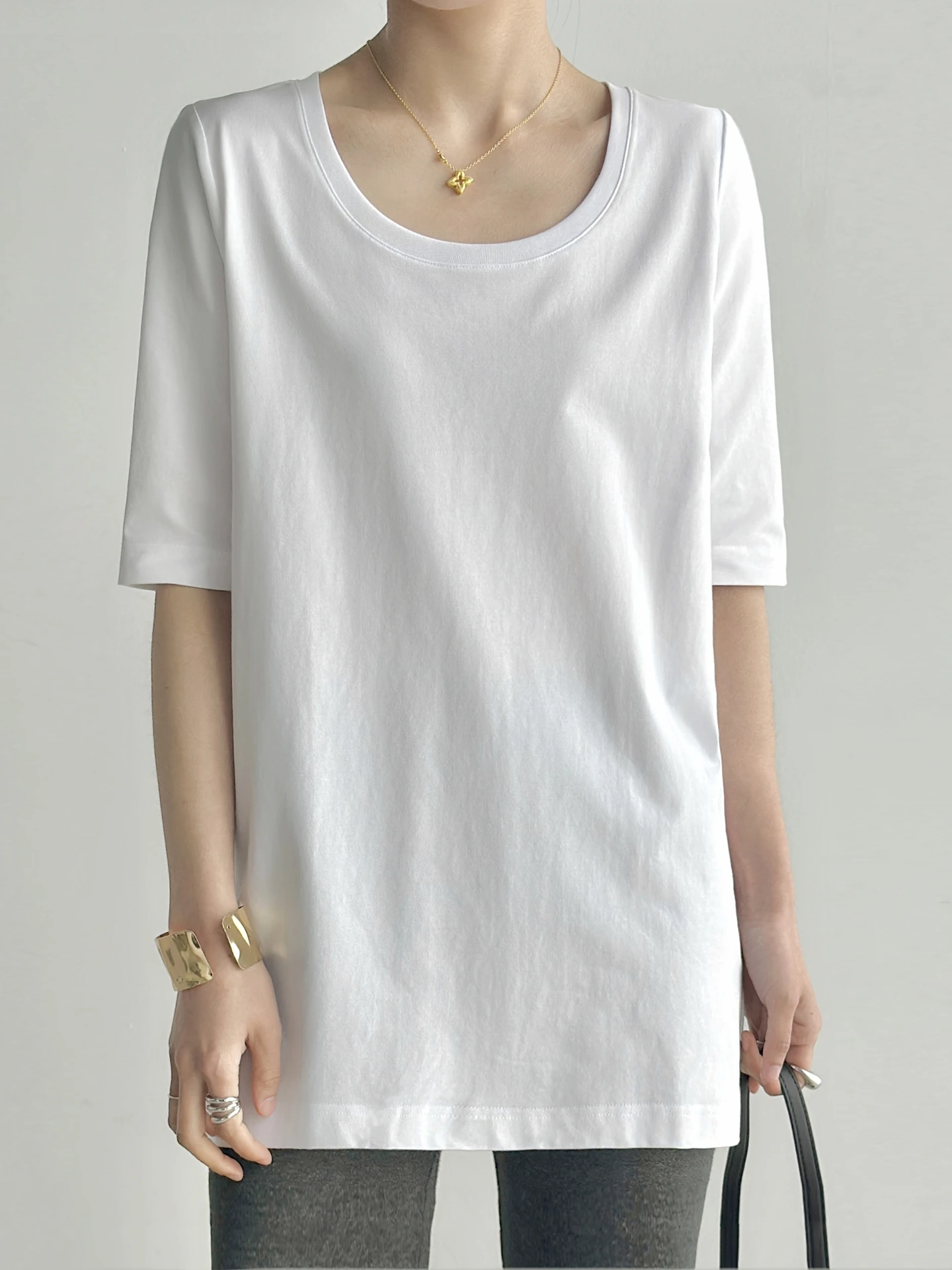 

Женская хлопковая футболка свободного кроя с рукавом до локтя и U-образным вырезом, базовая, повседневная, универсальная, мягкая, дышащая, влагоотводящая