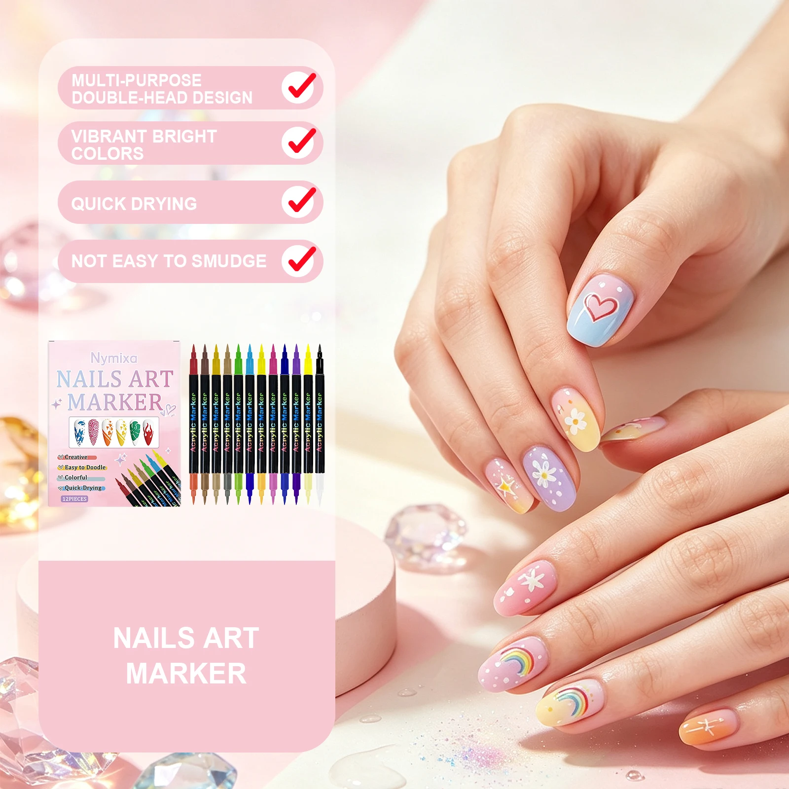 12pcs Dual‑Tip Nail Art Marker Set Pattern Painting Graffiti Quick‑Dry For Home Salon Nail Diy Manicure Vibrant Pigment Pen Kit