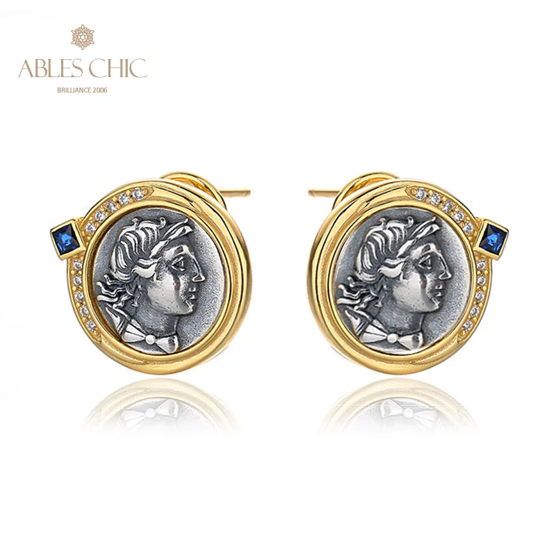 

Artemis Goddess of the Hunt Greek Coins 18K Gold Tone Solid 925 Silver Roman Coin Simulated Sapphire Stud Earrings E1041