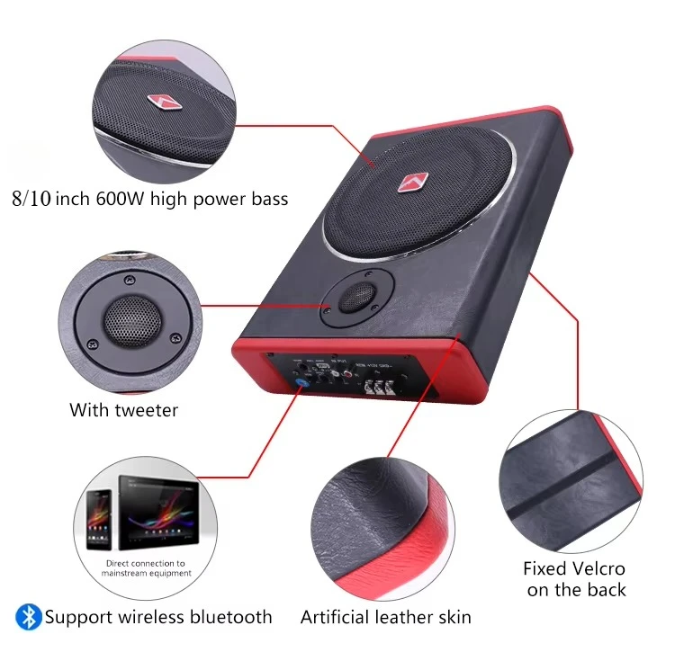 High Power Built-in Bluetooth & Power Amplifier Hot 8/10Inch Slim UnderSeat Car Audio Active Subwoofer RMS power 80W MAX 600W