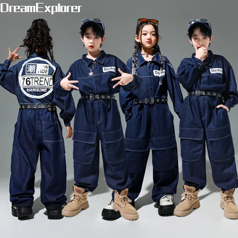 Kids Street Dance Denim Overalls Rompers Boys Hip Hop Bodysuit Girls Cargo Jeans Pants Jumpsuits Children Streetwear Dungarees