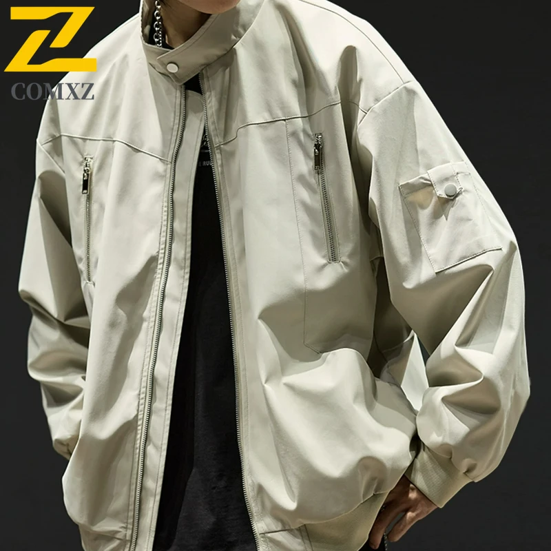 COMXZ Men Outdoor Jacket Classic Stand Collar Travel Lightweight Motorcycle Jacket Daily Style Comfort Autumn Zipper Clothing