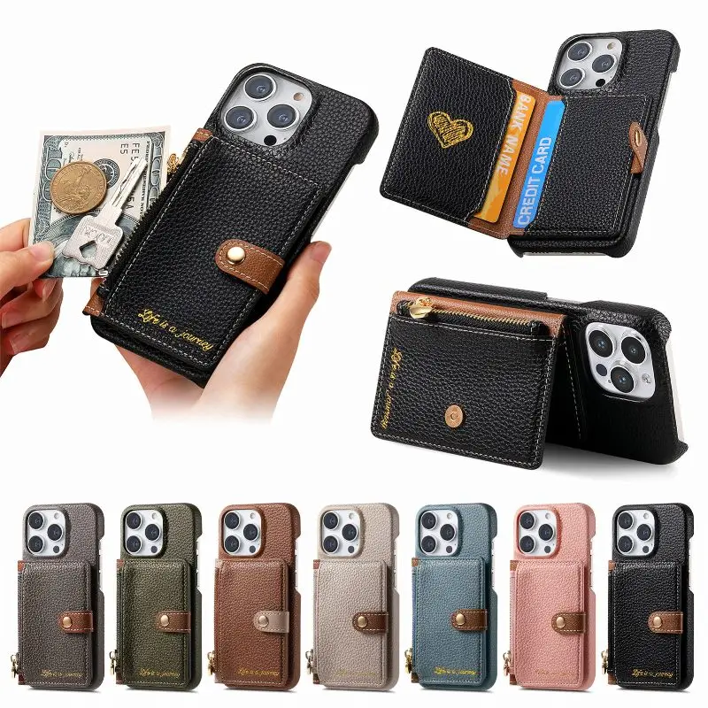 

Back Zipper Wallet Card Slot Phone Case For iPhone 16 15 Plus 14 Pro 13 12 Mini 11 Pro XR X XS Max 7 8 Plus Protective Cover