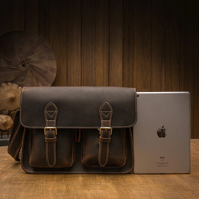 Vintage Crazy Horse Shoulder Bag Handmade Genuine Leather Business Retro Cowhide Leather Briefcase Cross body Messenger Bag For