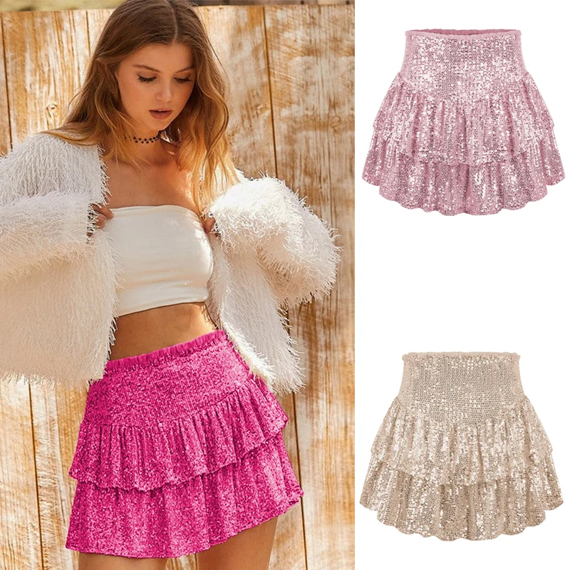 Women Sexy Full Sequin Fashion Casual Pleated Skirt Shiny Heavy Zipper Womens Shorts Half Length Skirt Shorts  Spring New