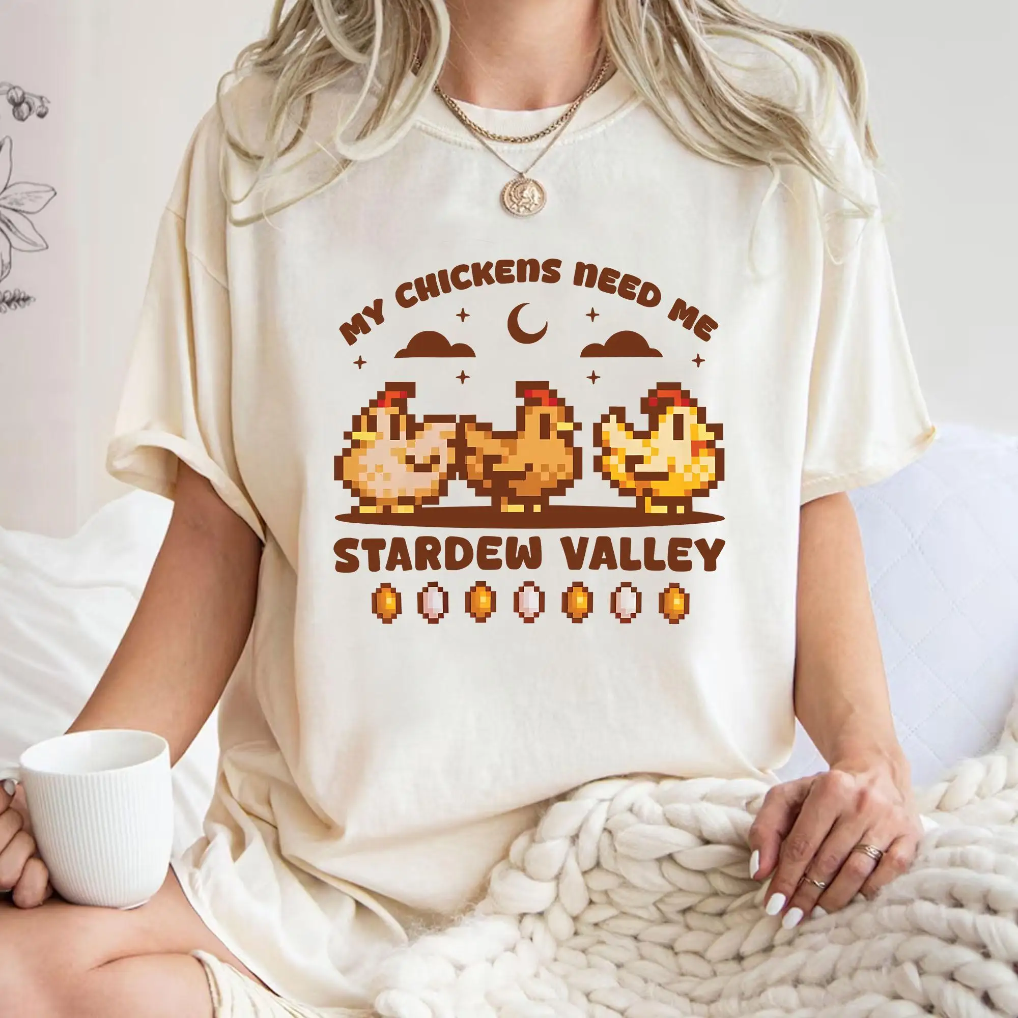 Stardew Valley Chicken T-Shirt: Unisex Pixel Art Farm T-Shirt, Paar-Unterhemd aus reiner Baumwolle, übergroßes T-Shirt, Vintage-Kleidung