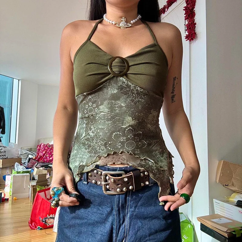 Trendy Y2K Vintage Printed Halter Crop Top For Women Harajuku Irregular Mesh Patchwork Halter Neck Vest Summer Blouse Streetwear