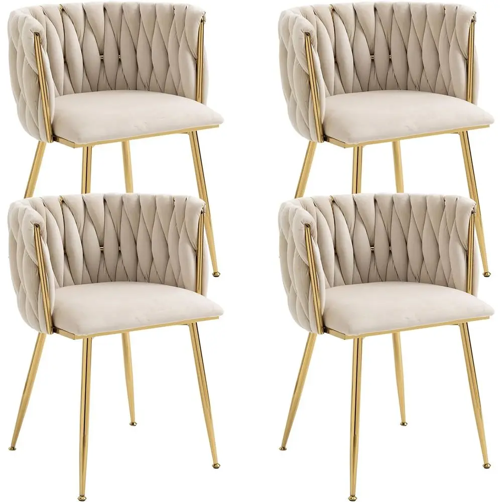 

ern Hand Weaving Dining Chairs Set o 4, Velvet Upholstered Side Chairs with Gold Legs, Chic Vanity Chairs with Armrest, Accent C