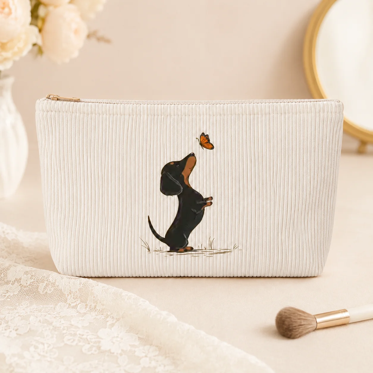 Corduroy Cosmetic Bag Cute Dachshund Makeup Pouch Butterfly Print Travel Toiletry Organizer Zipper Storage Bag for Women