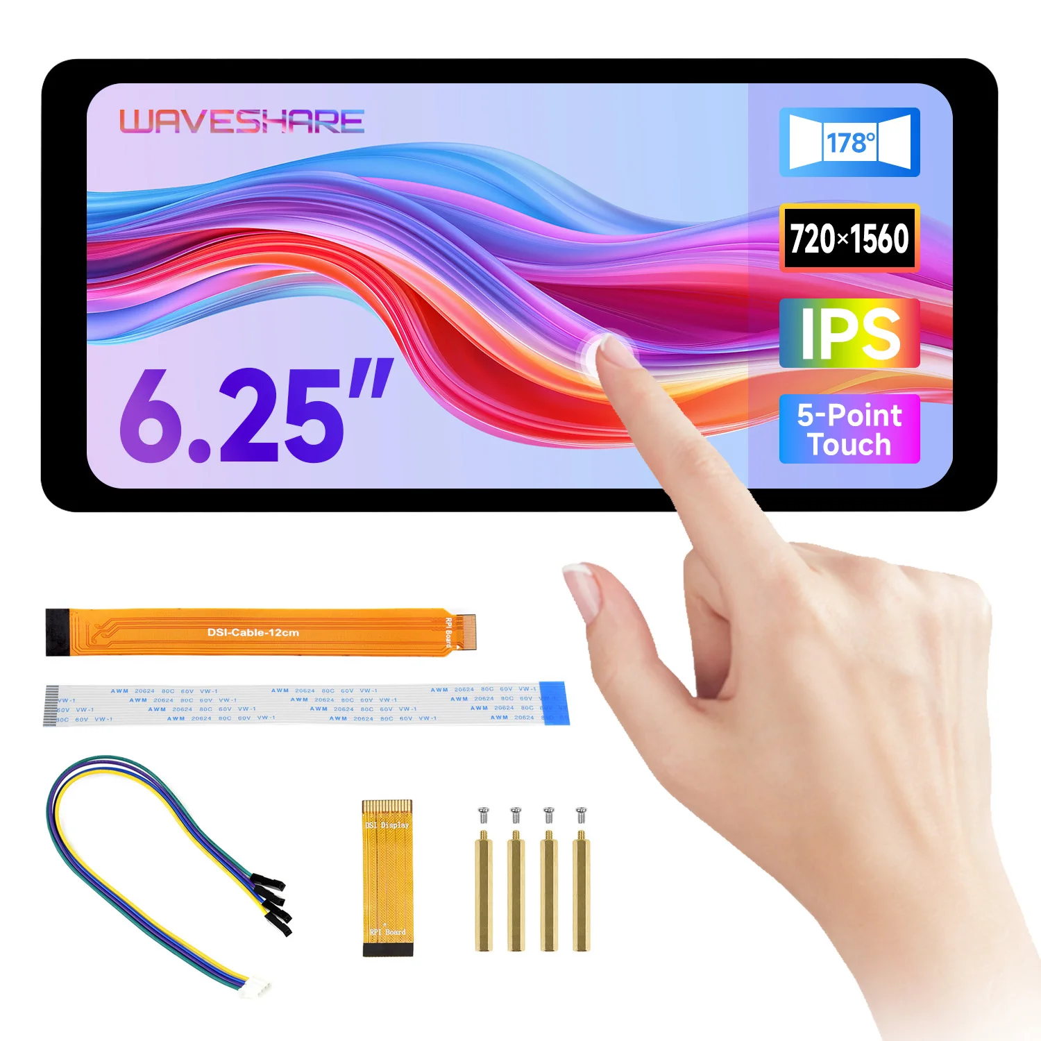 6.25인치 DSI LCD 웨이브쉐어 정전식 터치 디스플레이 라즈베리 파이 5 4B 3B 720x1560 IPS 광학 본딩 강화 유리 패널 DSI
