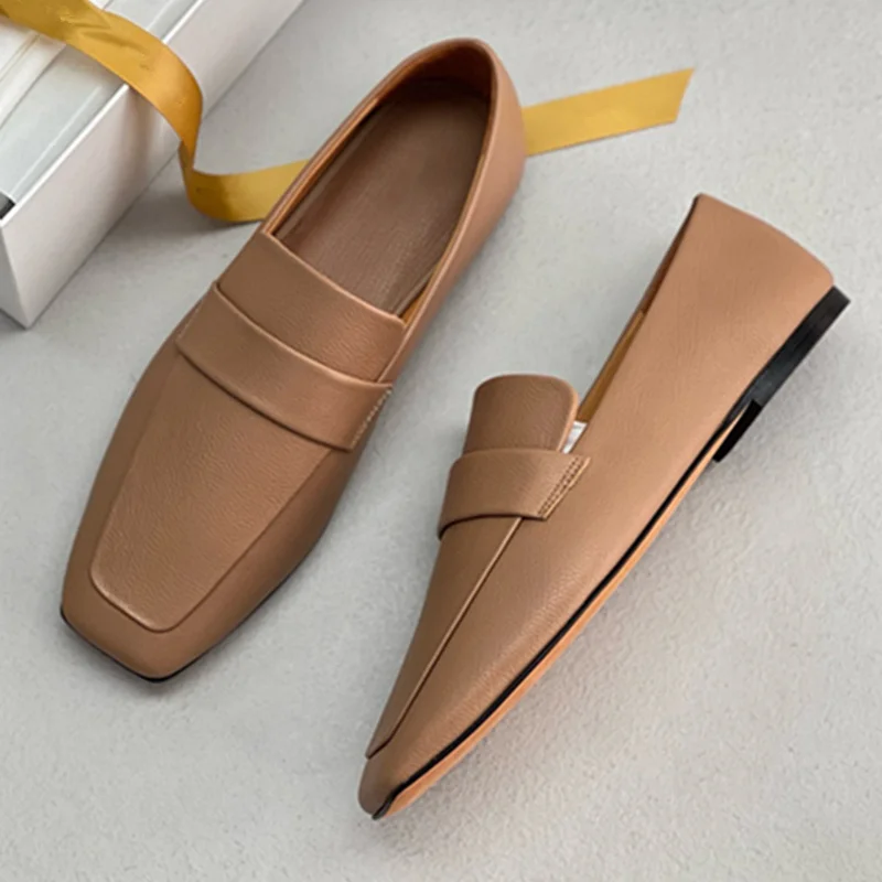Withered Nordic Minimalist Solid Color Cowhide Leather Loafers French Retro Square Head Commuting Casual Leather Flat Shoes Wome