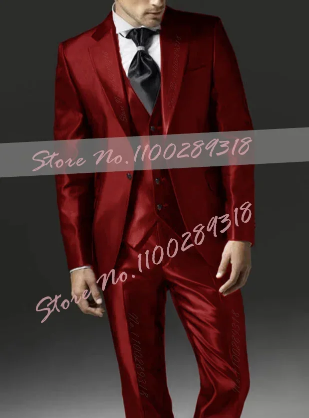 2024 New Style Black Two Bottom Satin Beach Men Suit Men\'s Wedding Prom Suits Costume Homme 3 Pieces (Jacket+Pant+Vest)