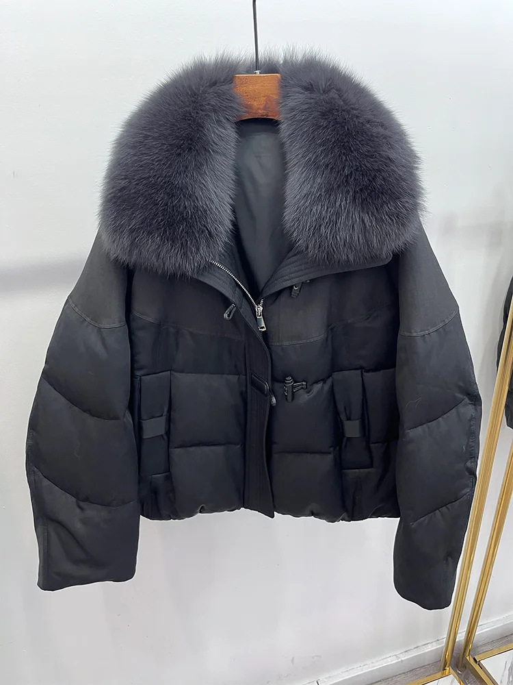 

Новинка 2023 года, зимняя куртка с воротником из натурального лисьего меха, женские пальто на гусином пуху, верхняя одежда, женские роскошные пальто, парки, пуховики