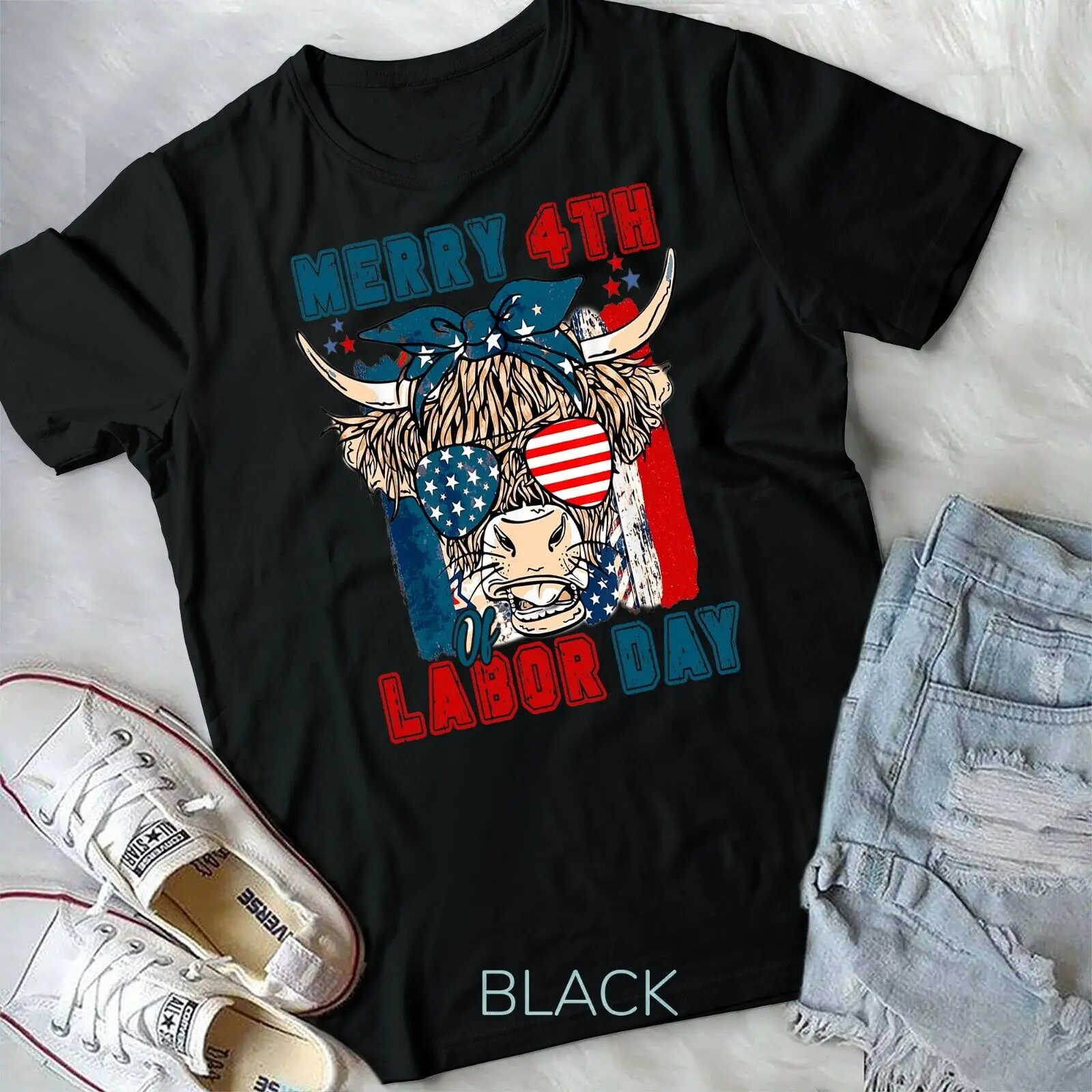 Funny Highland Cow Merry 4th Of Labor Day American Flag T-Shirt Unisex T-shirt