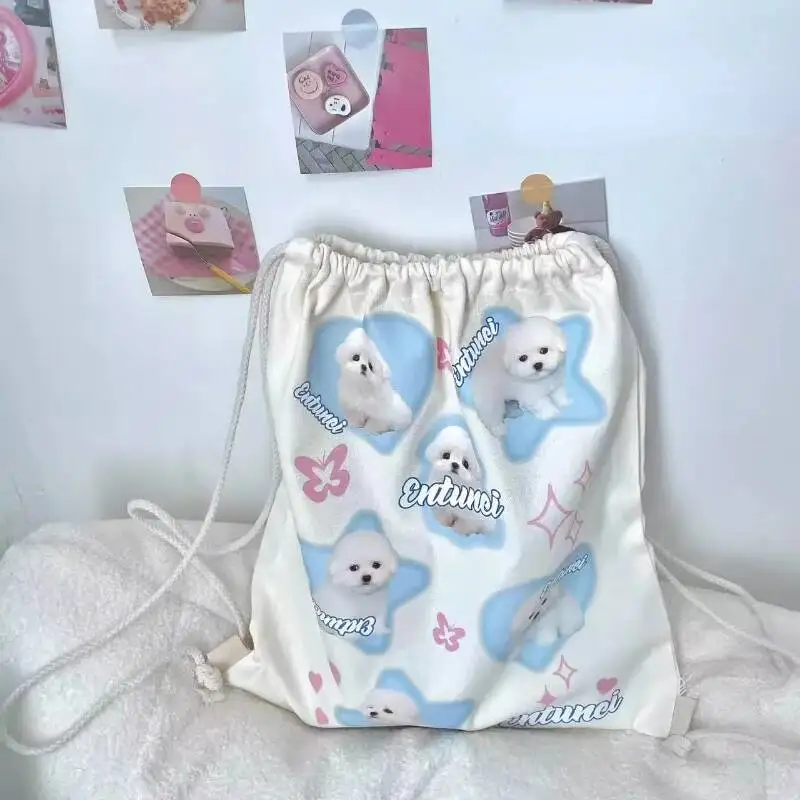 Women Vintage Cartoon Cute Heart Dog Schoolbags Korean Sweet Fashion Trendy Canvas Bags Y2k Aesthetic Kawaii Backpacks All Match
