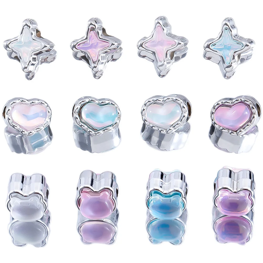 10pcs Y2K Style ABS Love Heart Rabbit Star Loose Beads Silver Color Charm Plastic DIY Bracelets Necklace Jewelry Making Supplies image 2