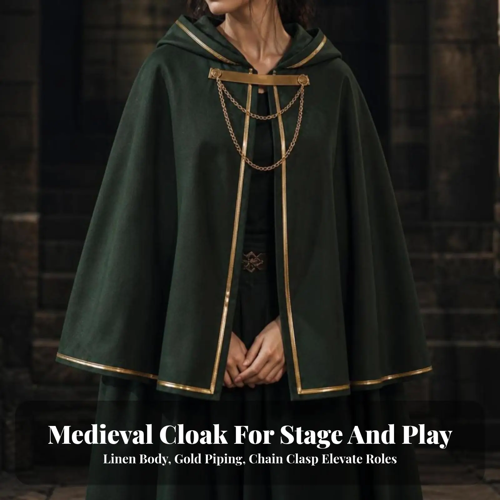 Medieval White Linen Cloak for Women Renaissance Hooded Cape Gothic Costume Shoulder Wrap with Gold Trimmed Edges