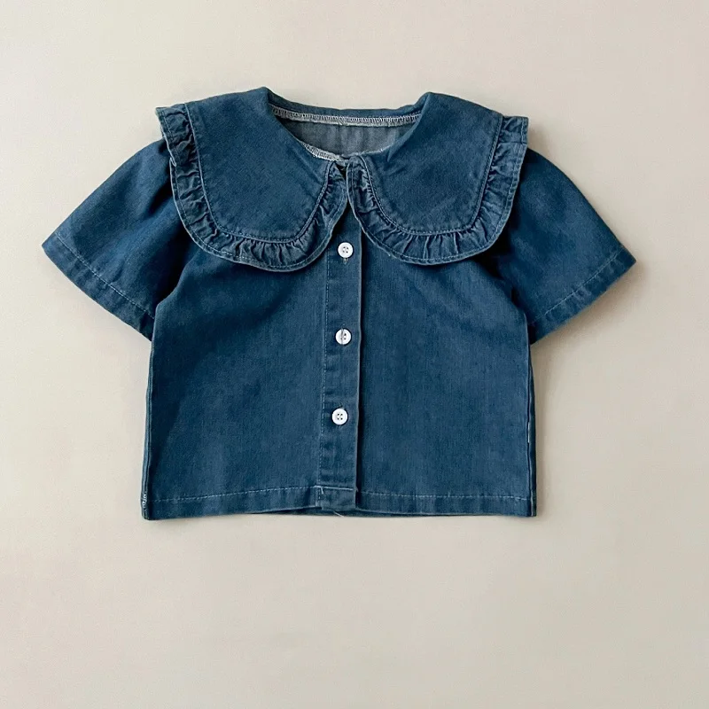 Summer children\'s set aged 0-6, stylish girl\'s solid color denim short sleeved top+half skirt set, baby girl short sleeved set