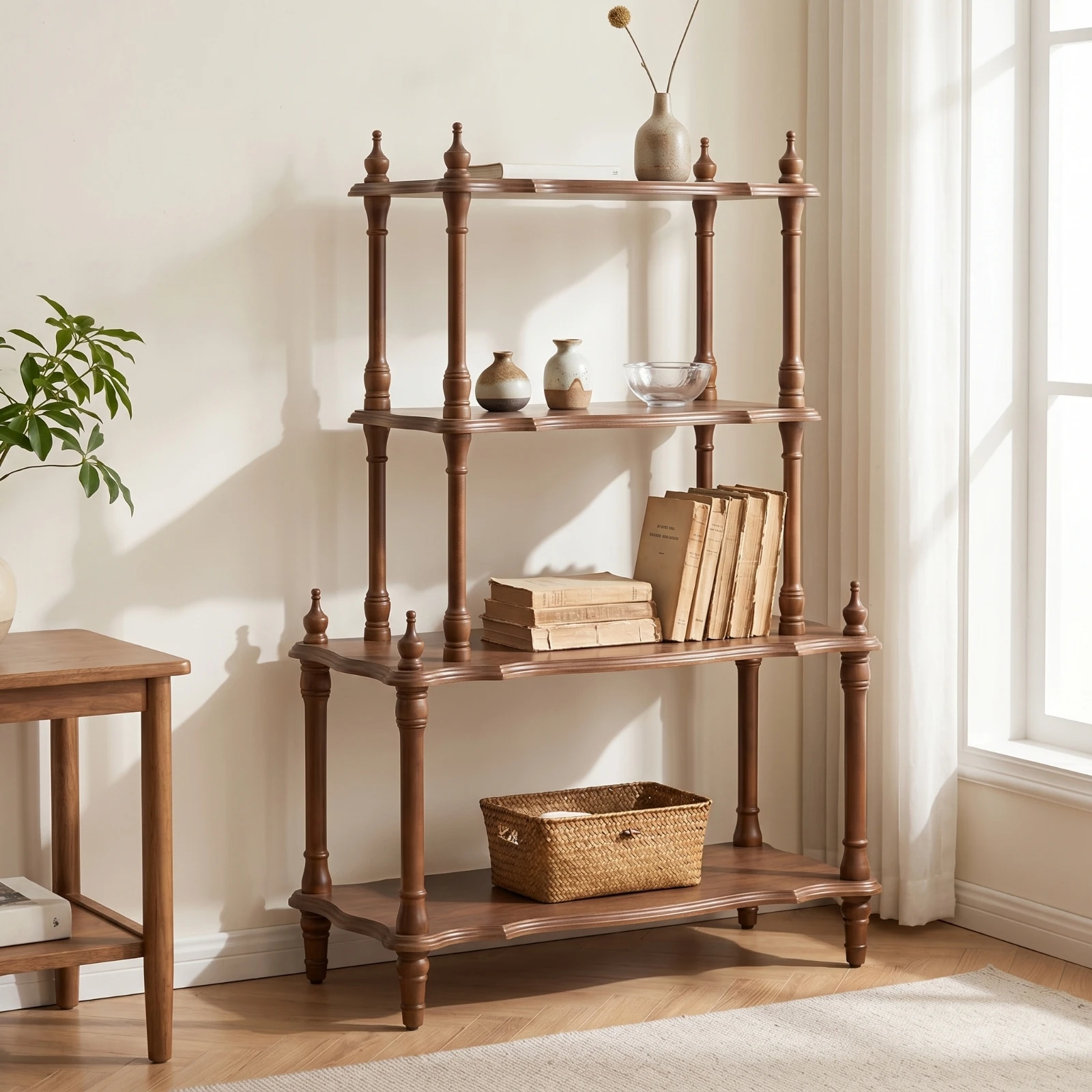 Wooden Shelf with Four Tiers Freestanding Multi-Tier Shelf Multi-Tier Bookcase Tall Open Bookcase Narrow for Book Lovers