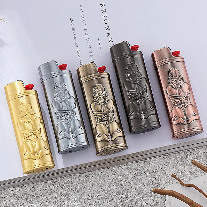 Metal BIC Lighter Case Cover Sleeve for Large Standard J6 3D Girl Design Shockproof Protective Metal Full Size J6 Lighter Holder