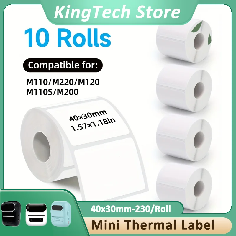 10 Rolls 40x30mm White Self-Adhesive Label Stickers 230/Roll, Compatible with M110S/M200 Portable Printers for DIY Home & Office