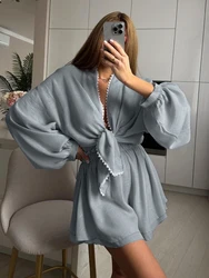 Marthaqiqi Casual Female Pajamas Set V-Neck Nightie Lace Up Sleepwear Long Sleeve Nightgowns Shorts Loose Women'S Nightwear Suit