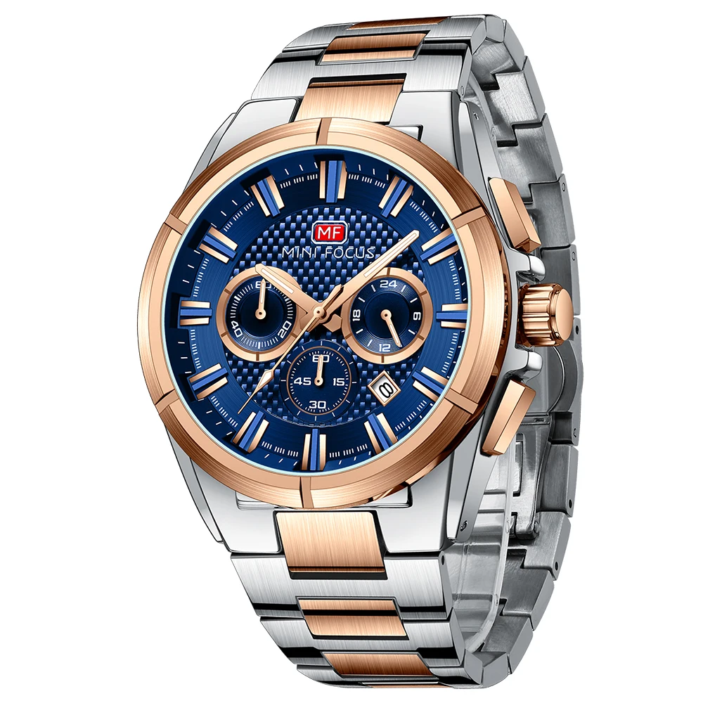 MINI FOCUS Men's Business Quartz Watch, Stainless Steel Bracelet, Luminous Chronograph, Waterproof Multifunction Wristwatch