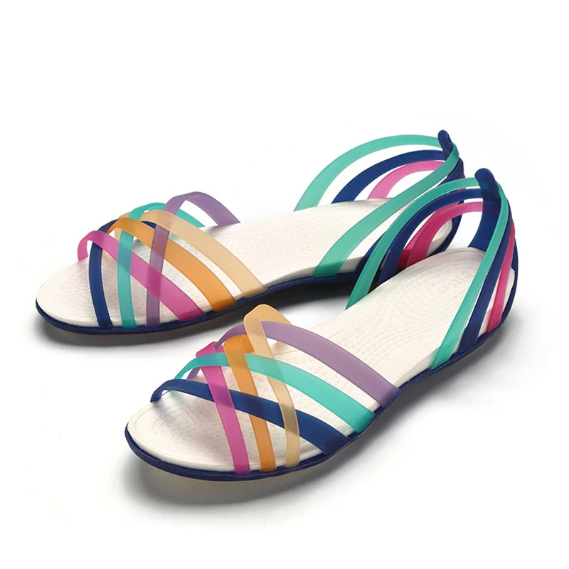 Women Rainbow Jelly Sandals Candy Color Peep Toe Female Flat Beach Shoes Slip On Slides Casual Ladies Summer Footwear