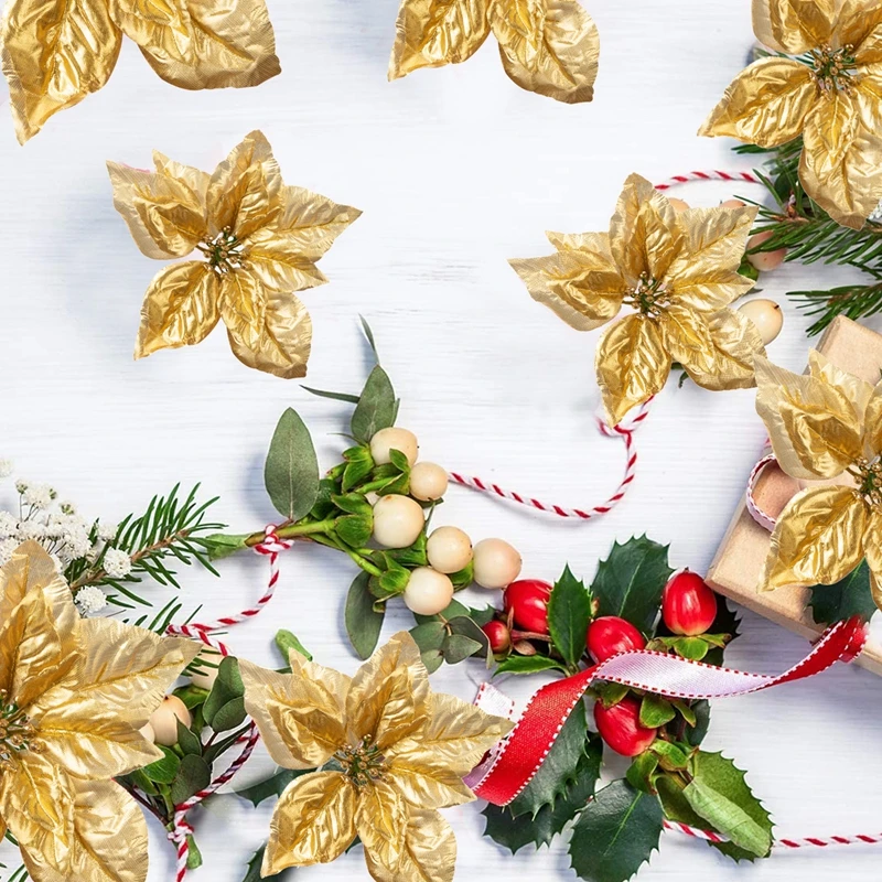 15 Stück künstliche Blumen, goldfarben, für Hochzeits-Scrapbooking, Handarbeiten, Heim- und Raumdekoration, Weihnachtsbaumgirlande, für den Außenbereich, DIY-Geschenk, Süßigkeitenbox. – Detail 12