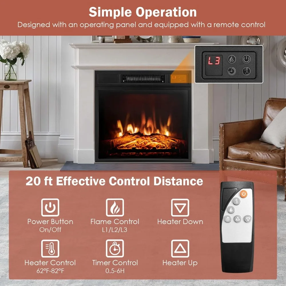 18-inch Wide COSTWAY Electric Fireplace Heater, 1400W with Remote Control, 3 LED Flame Effects, 6-Hour Timer