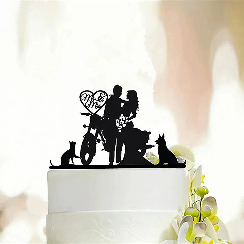 Motorcycle Style Wedding Cake  Topper Bride and Groom With Pet  Cake Toppers Wedding/Anniversary/Bridal Shower Party Decor