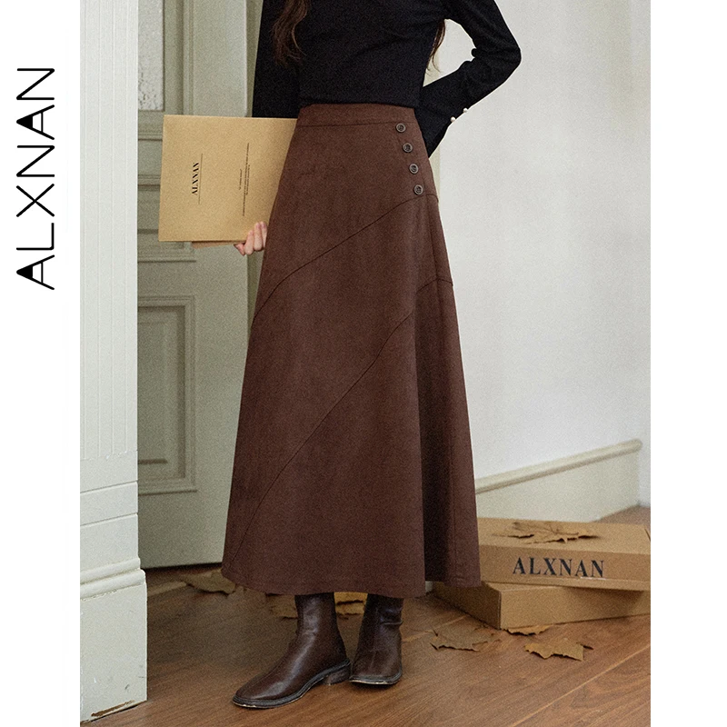 

ALXNAN Юбка с высокой талией, плоские передние пуговицы, замшевая ткань, утепленное женское платье, осенне-зимние юбки трапециевидной формы для поездок на работу L58107