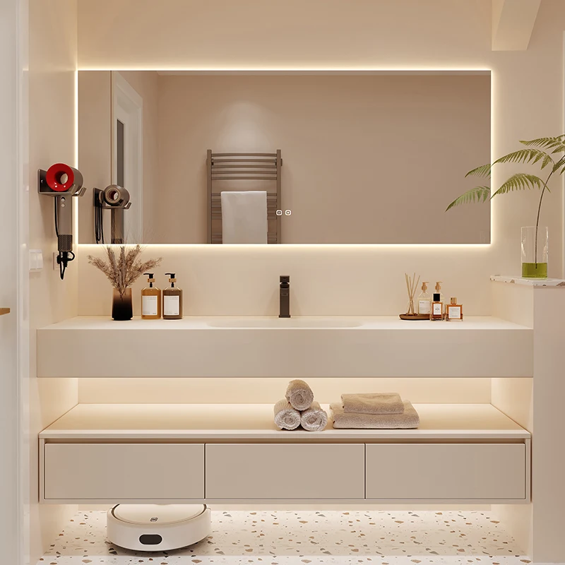 #q Modern Minimalist Wall-Mounted Bathroom Vanity Combo Integrated Basin Single/Double Sink Countertop Faucet Lacquer