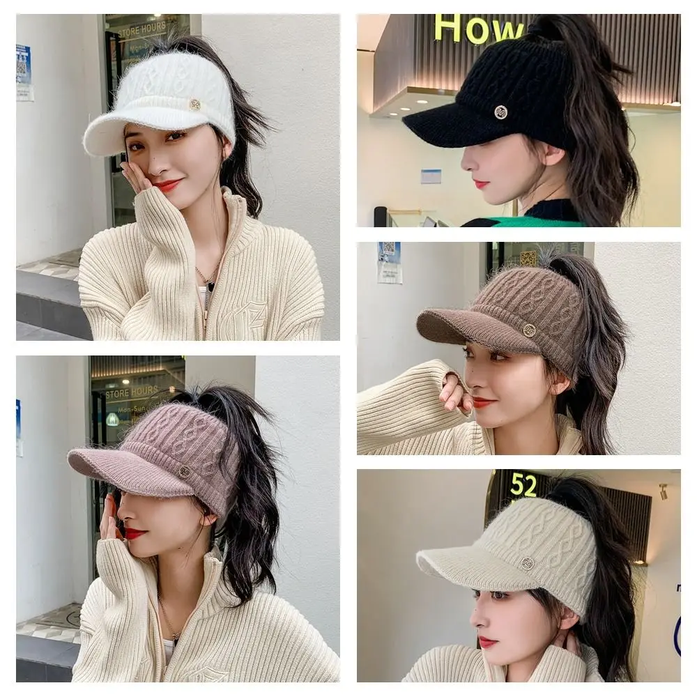 Korean Autumn Winter Warm Ear Protection Knitted Baseball Hat Women\'s Sports Empty Top Hat Outdoor Windproof Thickened Plush