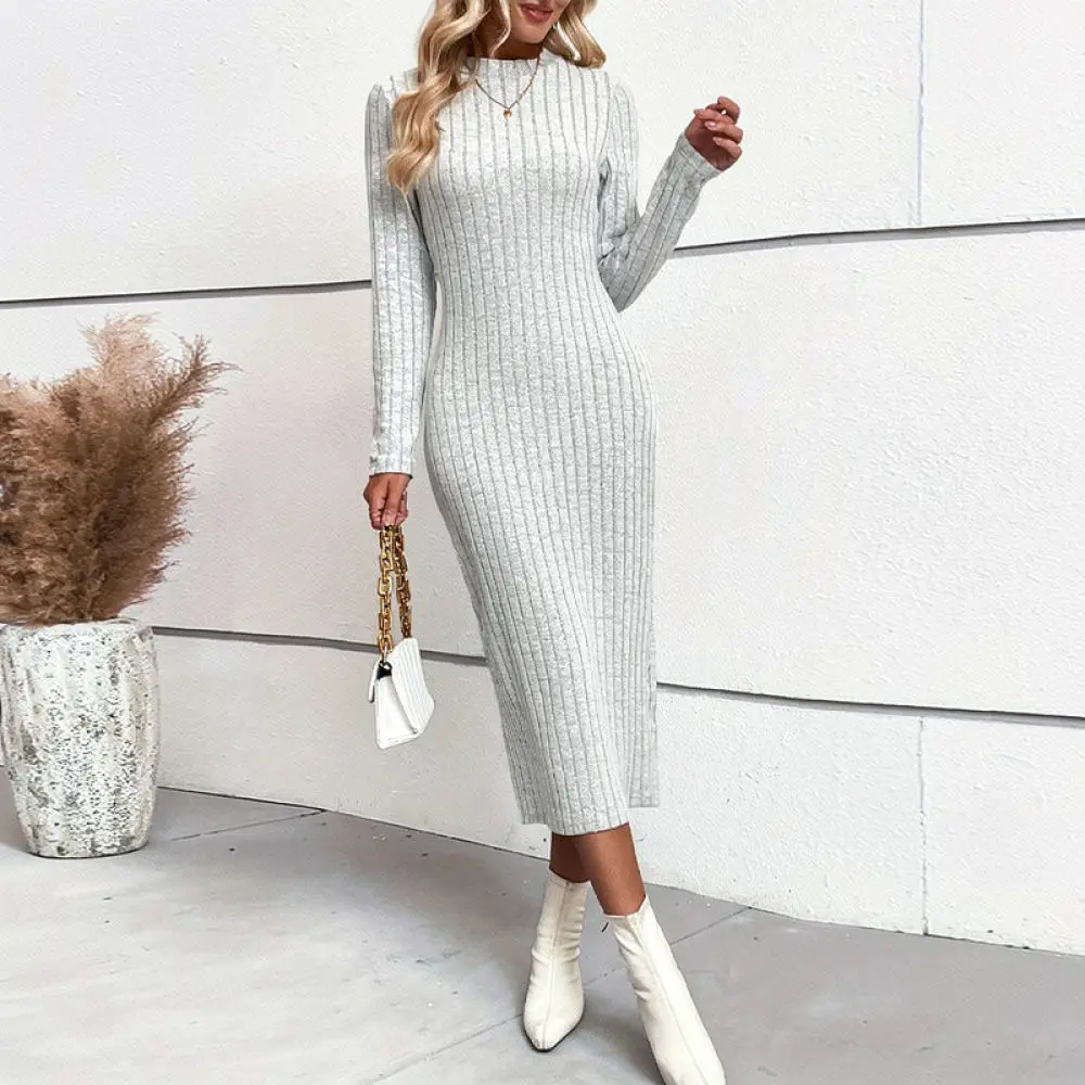 For Ruihou Autumn Women Knitted Pencil Dress Slim Fit Long Sleeve Bodycon Maxi Dresses Casual Elegant Office Wear