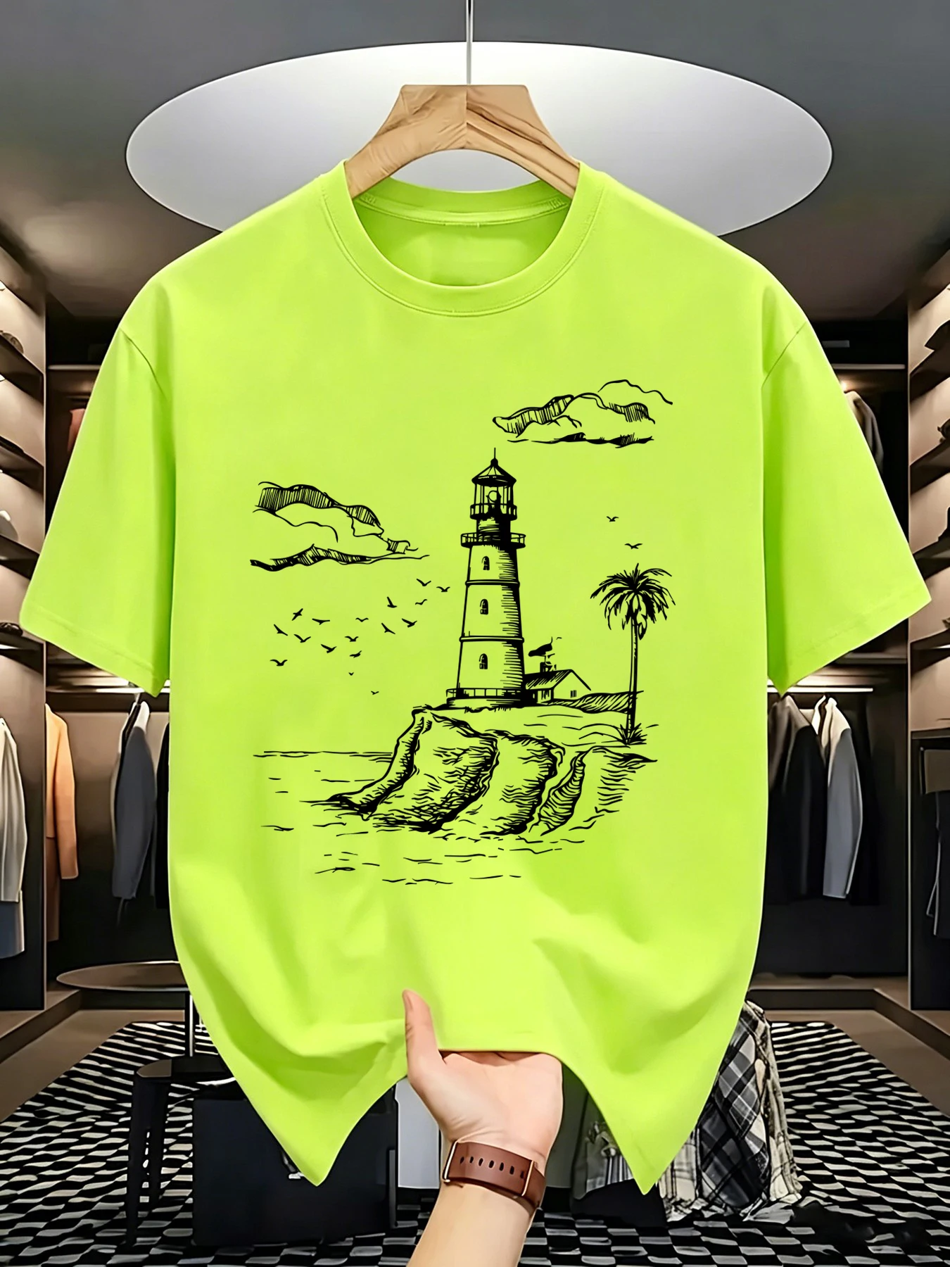 Seaside Lighthouse And Coconut Trees Design Men'S Summer Comfy T-Shirt Cotton Fashion Street T Shirts Loose Sport Clothes