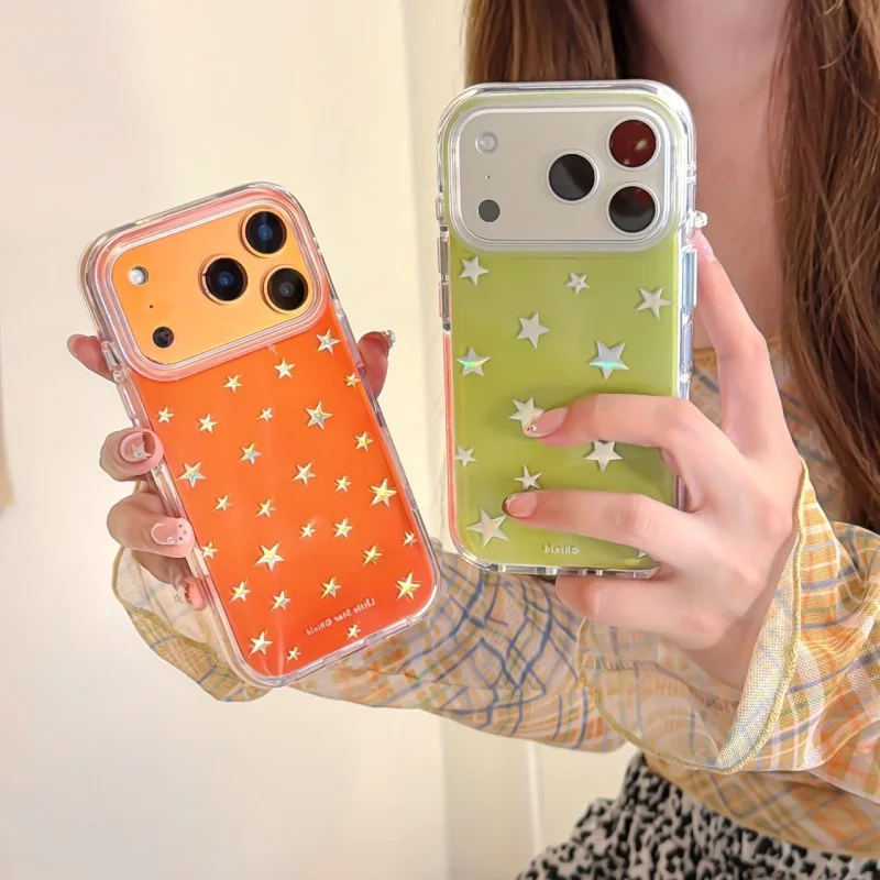 Capa para celular IMD Silver Stars estilo cor verde-laranja para iPhone 17, 16, 15, 14, 13, Pro, Promax, à prova de choque